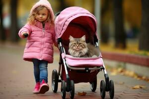 wenig Mädchen schiebt ein Katze im ein Rosa Spielzeug Kinderwagen foto