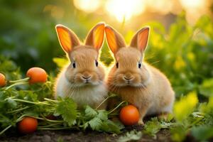 zwei Kaninchen knabbern auf zwei Möhren im das Garten. foto