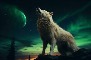 Illustration von ein Wolf Heulen beim das Aurora Borealis ai generativ foto