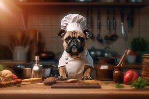 komisch Bild von ein Französisch Bulldogge im ein Koch Kostüm, präsentieren kulinarisch Humor im das Küche Einstellung. Kopieren Raum perfekt zum lebensmittelbezogen Projekte und Unterhaltungsthema Entwürfe, ai generativ foto