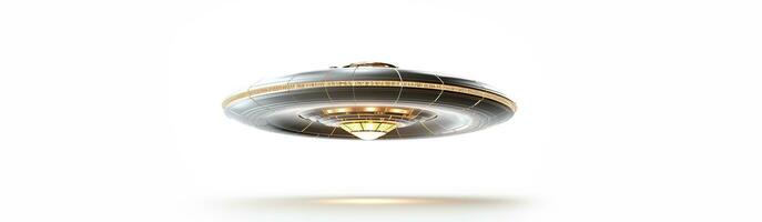 UFO auf ein Weiß Hintergrund. ein Raumschiff mit ein golden glühen. stilvoll minimalistisch Design. foto