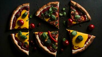 lecker Pizza Scheiben, schmelzend Käse, Bohnenkraut Beläge, goldbraun Kruste, appetitlich Präsentation ai generativ foto