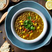 ein Rohrleitungen heiß Schüssel von Linse Suppe, gefüllt mit erdig Gewürze und ein drücken von frisch Zitrone Saft, perfekt zum ein wohltuend Mahlzeit ai generativ foto