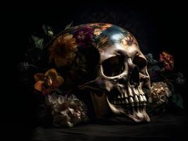 Designer Blume gedruckt Schädel zum Halloween Festival ai generativ foto