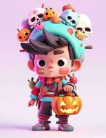 3d süß wenig Junge mit komisch Zombie Kostüm zum Halloween Party foto