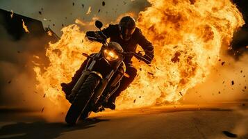 Rennen Motorrad im Flammen. Motorradfahrer auf ein Motorrad im Rauch. foto