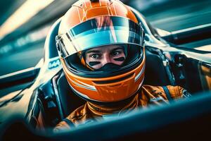 Nahansicht Porträt von ein jung Mann Fahren ein schnell Auto auf das Rennen Schiene. foto