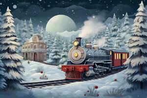 Dampf Lokomotive auf das Hintergrund von das Winter Landschaft. foto