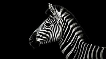 schwarz und Weiß Foto von ein Zebra Kopf auf ein schwarz Hintergrund isoliert Seite Sicht. Silhouette Konzept