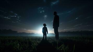 Vater und Sohn im ein mysteriös Feld beleuchtet durch ein Licht. Silhouette Konzept foto
