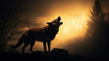 silhouettiert Wolf Heulen beim voll Mond im nebelig Hintergrund Halloween Grusel Konzept foto