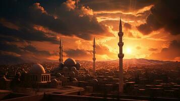 im irbid Jordan ein schön Sonnenuntergang setzt hinter das Moschee. Silhouette Konzept foto