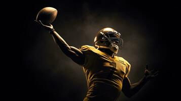 amerikanisch Fußball Spieler wirft bestehen golden Silhouette taucht auf foto