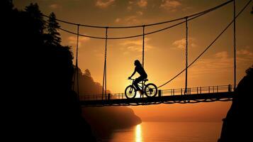 Fahrrad Schatten auf Suspension Brücke. Silhouette Konzept foto