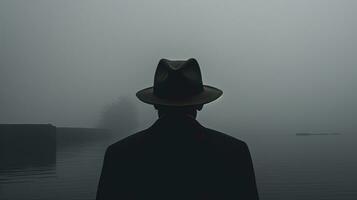 Mann im Hut im das Regen Aufpassen Nebel Ansatz von das Meer noir Schwingungen. Silhouette Konzept foto