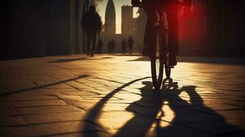 Schatten Gehen mit Fahrrad Silhouette auf hell Pflaster Hintergrund foto