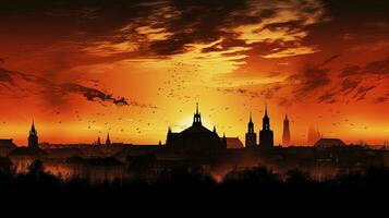 Silhouetten von Kirchen im das München Horizont gegen ein feurig Sonnenuntergang foto