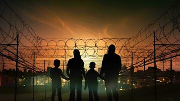 silhouettiert Flüchtlinge Kinder Wachen und Zaun gegen Abend Stadt Hintergrund foto