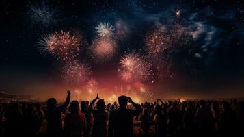 Menschen Aufpassen Feuerwerk und Markierung das Neu Jahr. Silhouette Konzept foto