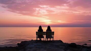 zwei gesichtslos Mädchen sitzen auf ein Bank mit Blick auf Ruhe Wasser ein felsig Strand und ein Rosa Himmel beim Abend Menschen kommunizieren auf das Horizont während Schiffe segeln beim Meer. Silhouette Konzept foto