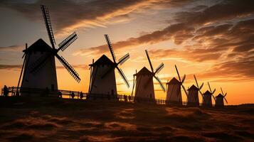 la Mancha Spanien s Windmühlen. Silhouette Konzept foto