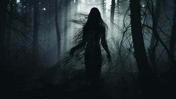 schrecklich weiblich Geist mit schwarz Haar im ein dunkel Wald. Silhouette Konzept foto