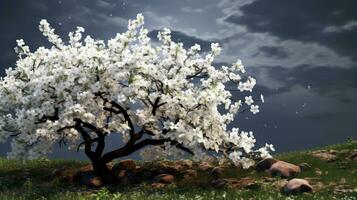 Blühen Apfel Baum mit Weiß Blumen. Silhouette Konzept foto