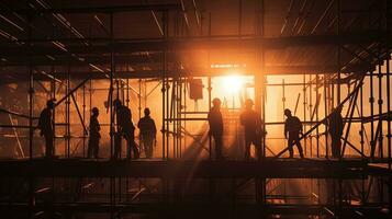 Arbeitskräfte auf Gerüst silhouettiert durch Licht beim Konstruktion Seite? ˅ foto