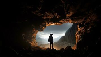 Höhle Forscher s Schatten. Silhouette Konzept foto