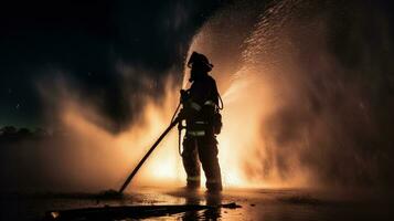 Feuerwehrleute mit hoch Druck Wasser zu löschen Feuer und speichern Leben. Silhouette Konzept foto