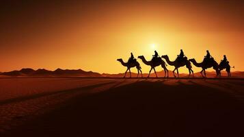 Kamel Touren im Sahara Wüste geführt durch ein Berber mit Kamel Schatten. Silhouette Konzept foto