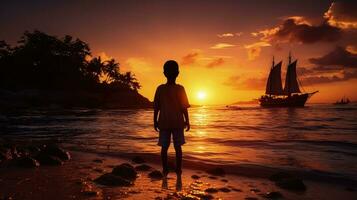 Junge s Gliederung im Sonnenuntergang auf das Meer. Silhouette Konzept foto