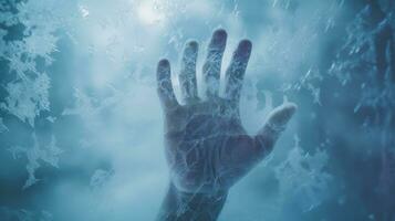 Hand gedrückt auf eisig Glas mit Blau Hintergrund getönt Foto Energie Krise symbolisieren kalt Winter 2022. Silhouette Konzept