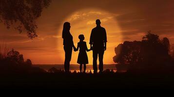 ein Familie ist silhouettiert gegen das Sonnenuntergang foto