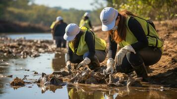 Freiwillige Portion durch Reinigung Müll von verschmutzt Fluss foto