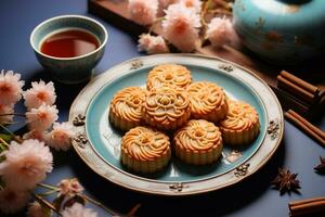 Teller von Mondkuchen serviert mit Tee auf Blau Hintergrund foto