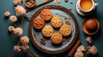 Teller von Mondkuchen serviert mit Tee auf Blau Hintergrund foto