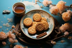 Teller von Mondkuchen serviert mit Tee auf Blau Hintergrund foto