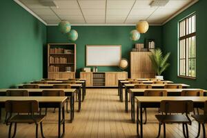 Foto Klassenzimmer Innere mit Schule Schreibtische Stühle und Grün Tafel leeren Schule Klassenzimmer