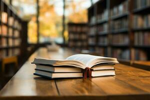 öffnen Buch auf ein hölzern Tabelle mit verschwommen Bibliothek Hintergrund Augenhöhe Aussicht foto