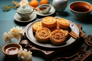 Teller von Mondkuchen serviert mit Tee auf Blau Hintergrund foto