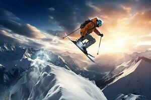 Skifahrer Skifahren bergab im hoch Berge beim Sonnenuntergang foto