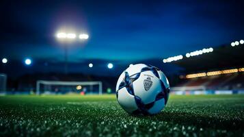 Fußball Ball auf Grün Gras von Fußball Stadion beim Nacht mit Beleuchtung foto