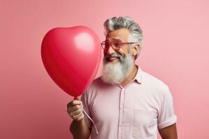 Mann hält rot Ballon im gestalten von Herz. romantisch Emotionen. generativ ai foto