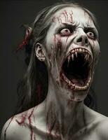 Scarry Zombie mit blutig Gesicht draußen, Nahaufnahme. Halloween Monster- foto