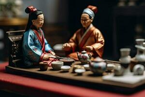 Miniatur Tee Zeremonie. klein Diorama von Chinesisch Menschen im uralt traditionell Kleider Trinken Kräuter- Tee. Konzept von Tee Trinken, Buddhismus, erstellt mit generativ ai Technologie foto