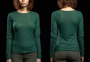 Frau tragen ein Grün T-Shirt mit lange Ärmel. Vorderseite und zurück Sicht. ai generiert foto