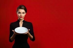 jung schön stilvoll Frau halten ein leeren Teller oder Gericht isoliert auf rot Hintergrund mit Kopieren Raum. ai generiert foto