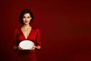 jung schön stilvoll Frau halten ein leeren Teller oder Gericht isoliert auf rot Hintergrund mit Kopieren Raum. ai generiert foto