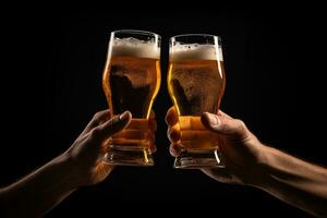 Hände Toasten mit Brille von Bier isoliert auf schwarz Hintergrund. ai generiert foto